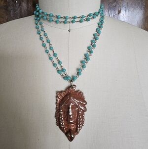 Bohemian Turquoise Beaded Necklace with Terra Cotta Painted Pendant